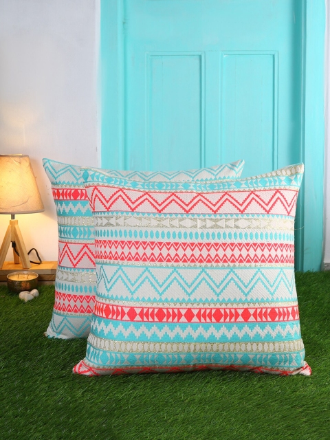 

KRAVIKA Teal & Red Set of 2 Embroidered Rectangle Cushion Covers