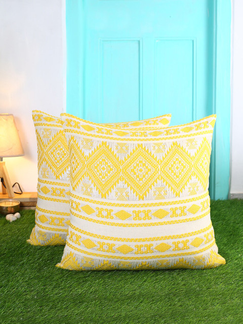 

KRAVIKA Yellow & White Set of 2 Embroidered Rectangle Cushion Covers