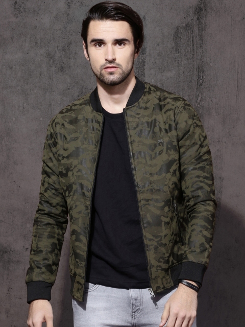 

Roadster Men Olive Green Printed Bomber Jacket