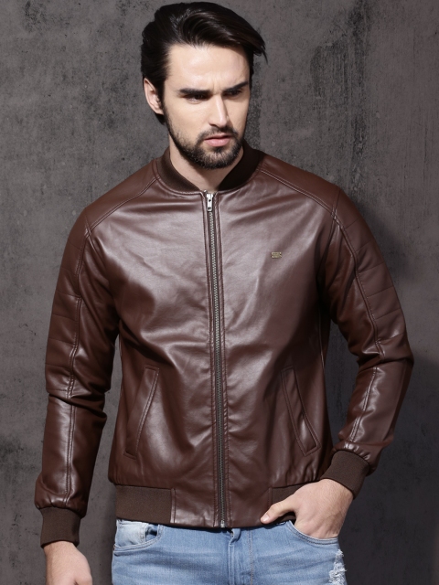 

Roadster Men Coffee Brown Solid Biker Jacket