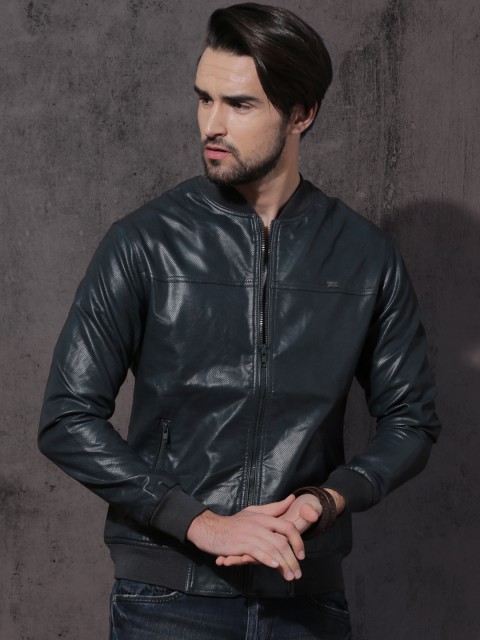 

Roadster Men Navy Blue Self Design Biker Jacket