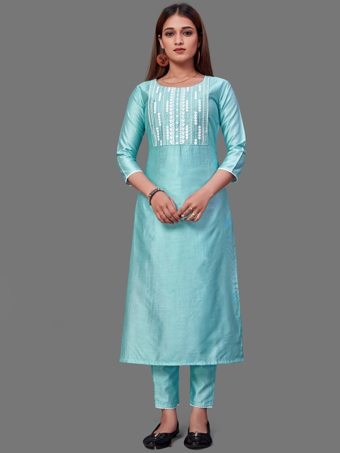 

VILAM Women Blue Embroidered Pleated Kurti with Pyjamas