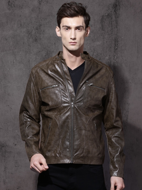 

Roadster Men Coffee Brown Solid Biker Jacket