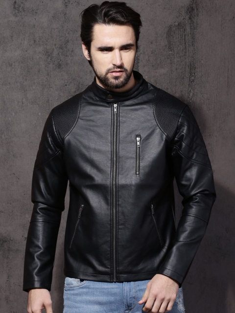 

Roadster Men Black Solid Biker Jacket