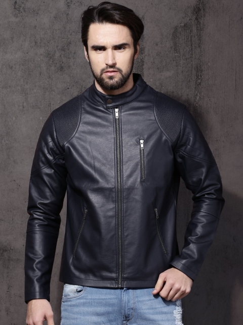 

Roadster Men Navy Blue Solid Biker Jacket