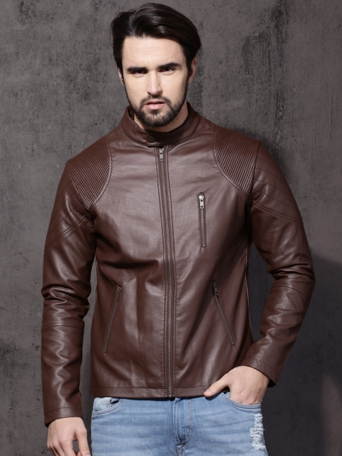 

Roadster Men Coffee Brown Solid Biker Jacket