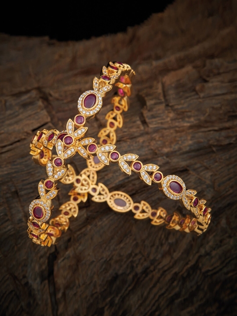 

Kushal's Fashion Jewellery Women Set of 2 Gold-Plated Pink & White CZ Studded Bangles