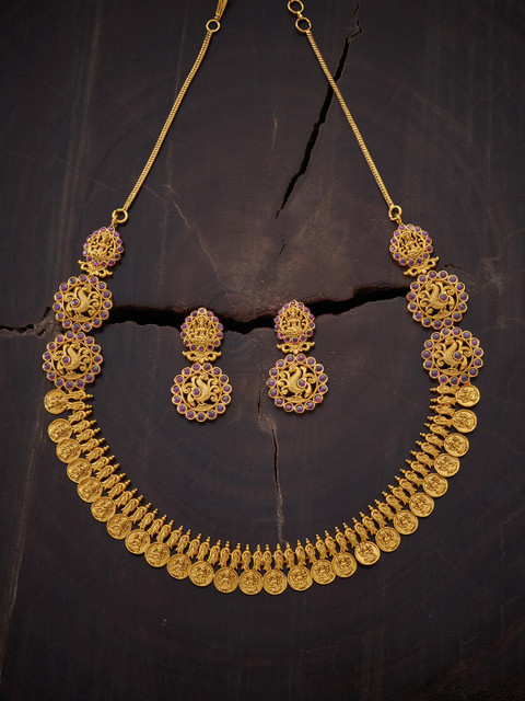 

Kushal's Fashion Jewellery Gold-Plated Pink Faux ruby Studded Temple Jewellery Set