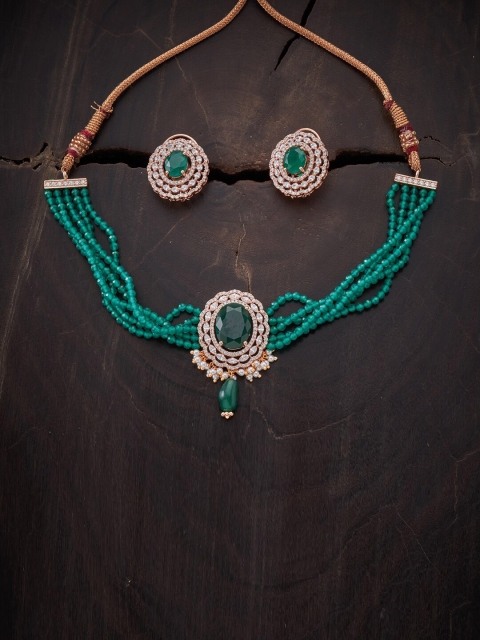 

Kushal's Fashion Jewellery Green Rose-Gold Plated CZ-Studded Necklace Set