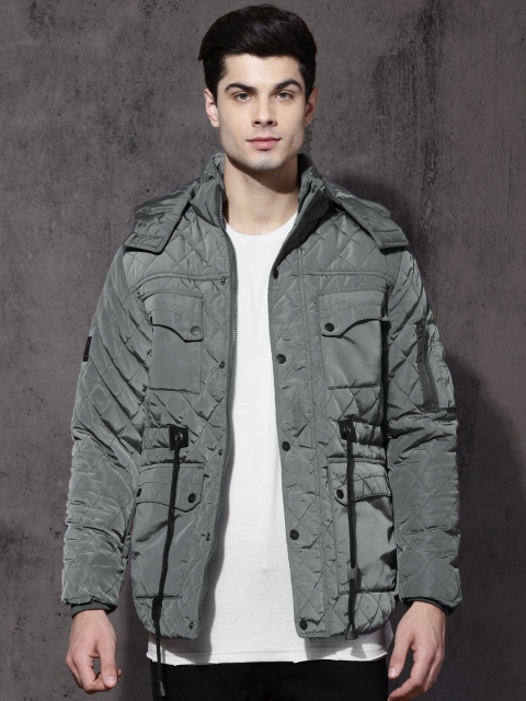 

Roadster Men Grey Solid Quilted Jacket with Detachable Hood
