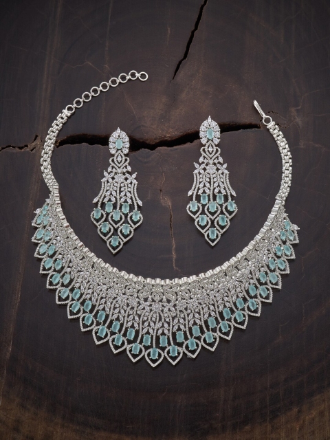 

Kushal's Fashion Jewellery Rhodium Plated Sea Green CZ Studded Choker Jewellery Set