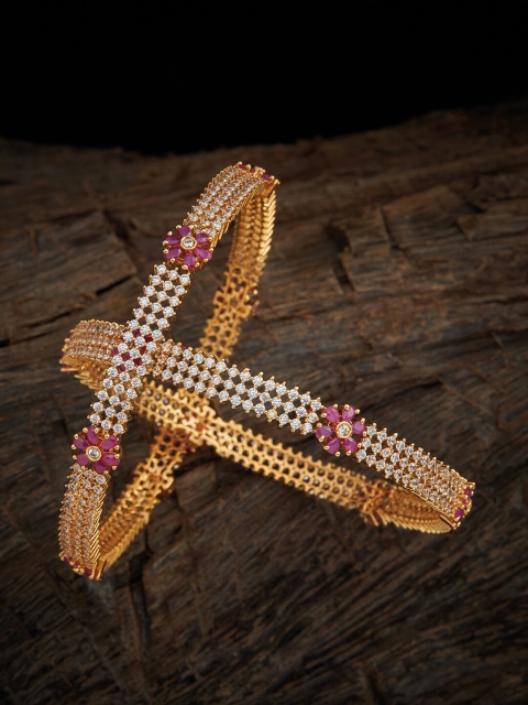 

Kushal's Fashion Jewellery Set Of 2 Gold-Plated White & Red CZ-Studded Bangles
