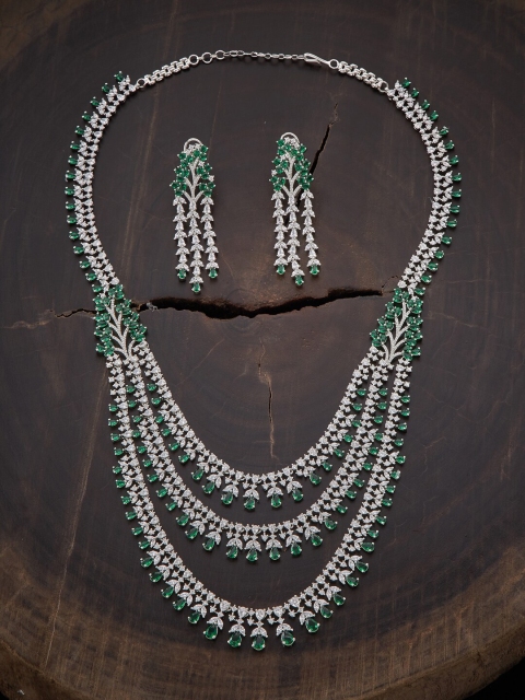 

Kushal's Fashion Jewellery Green & Rhodium-Plated CZ Jewelry Set