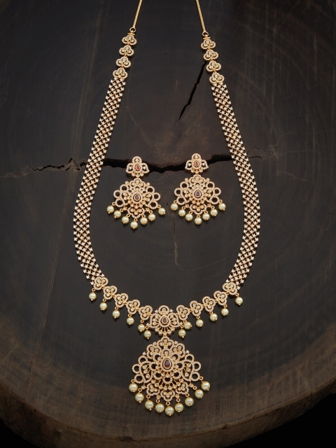 

Kushal's Fashion Jewellery Gold-Plated White Stone & Beads Long Necklace With Earrings
