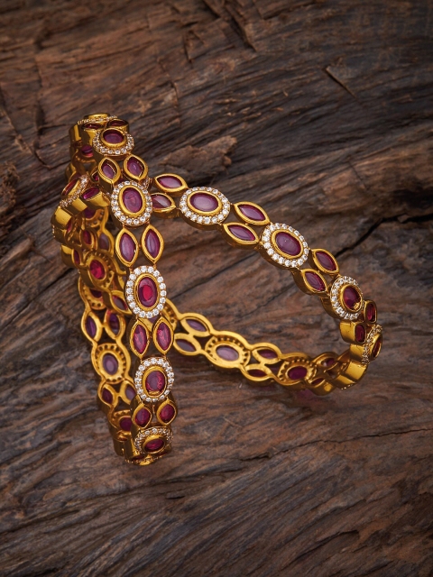 

Kushal's Fashion Jewellery Set Of 2 Gold-Toned Pink & White Stone Studded Antique Bangle