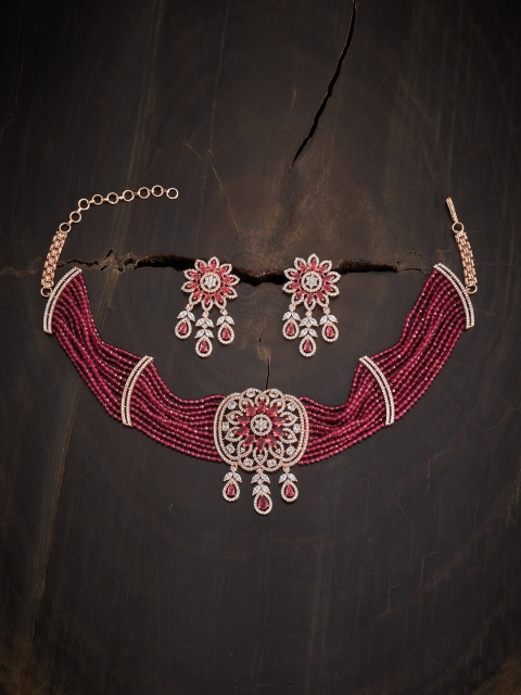 

Kushal's Fashion Jewellery Red & Rose Gold-Plated CZ Jewelry Set