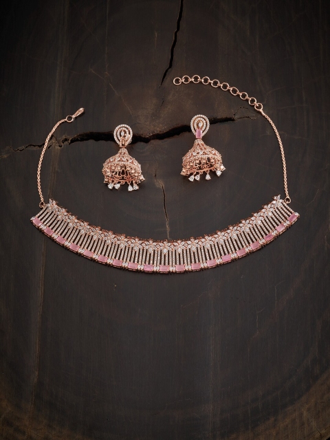 

Kushal's Fashion Jewellery Women Rose Gold-Plated Pink CZ Studded Jewellery Set