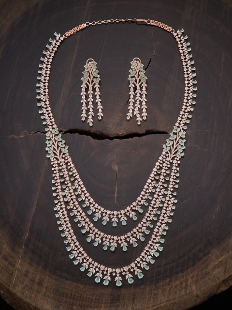 

Kushal's Fashion Jewellery Rose-Gold Plated Sea Green CZ-Studded Necklace Set