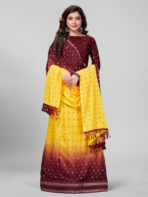 

Mitera Yellow & Brown Embroidered Semi-Stitched Lehenga & Unstitched Blouse With Dupatta