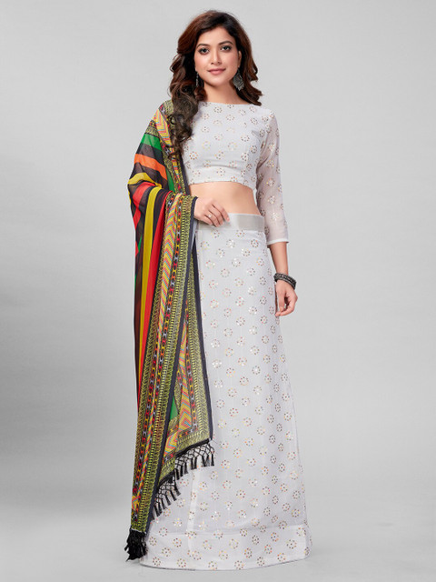 

Mitera White & Green Embroidered Sequinned Semi-Stitched Lehenga & Unstitched Blouse With Dupatta