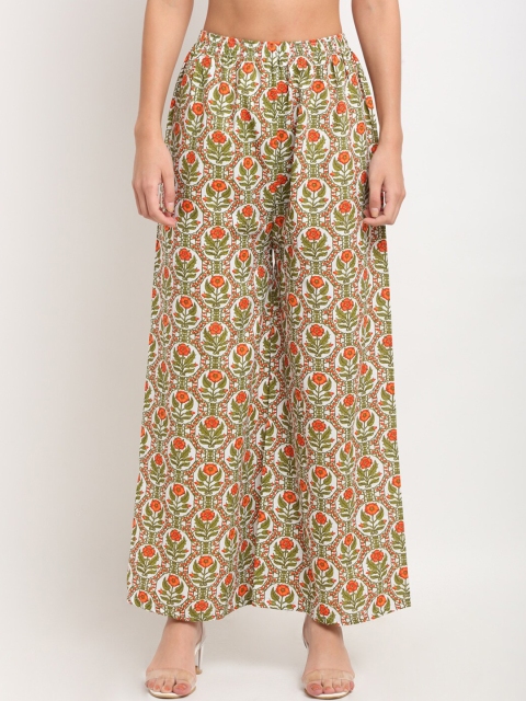 

NEUDIS Women White & Green Floral Printed Flared Ethnic Palazzos