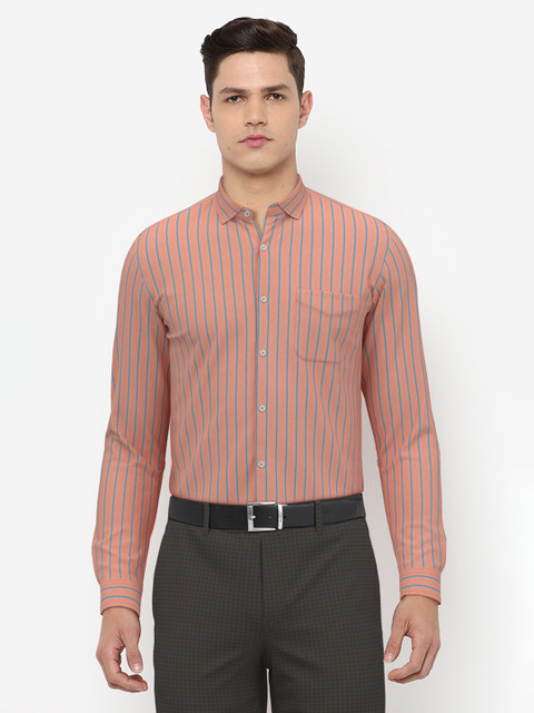 

Peter England Men Peach-Coloured & Blue Slim Fit Striped Formal Shirt