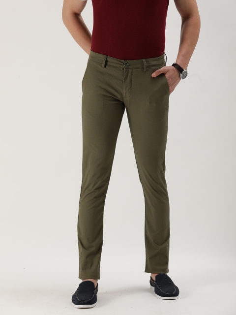 

Peter England Men Olive Green Textured Skinny Fit Casual Trousers