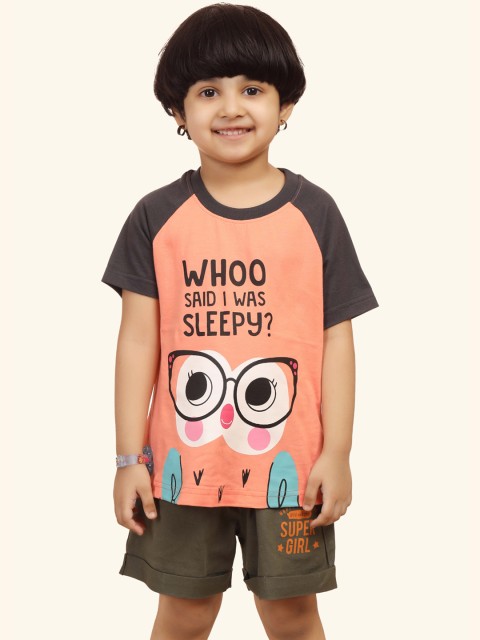 

minnow Girls Peach-Coloured & Black Printed Night suit