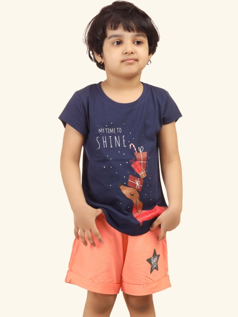 

minnow Girls Navy Blue & Peach-Coloured Printed Night suit