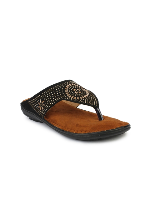 

Shoetopia Women Black Embellished T-Strap Flats