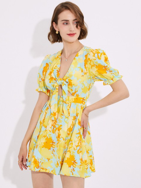 

URBANIC Yellow Floral Mini Dress