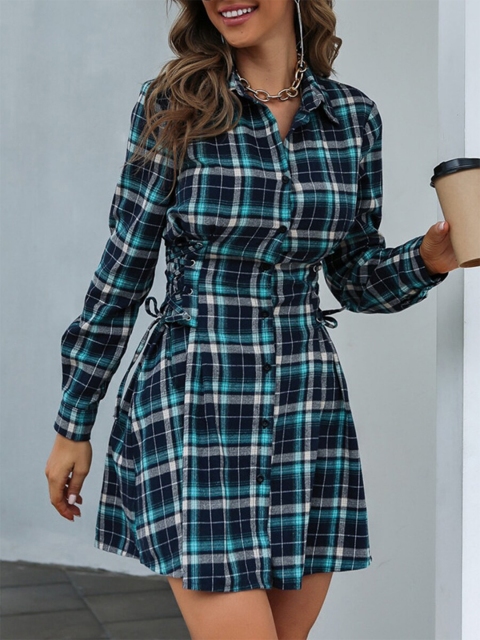 

URBANIC Blue Checked Shirt Dress