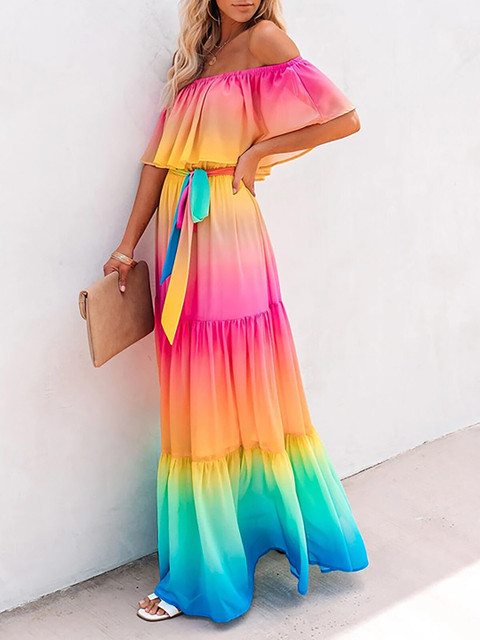 

URBANIC Multicoloured Tie and Dye Dyed Off-Shoulder Maxi Dress, Multi