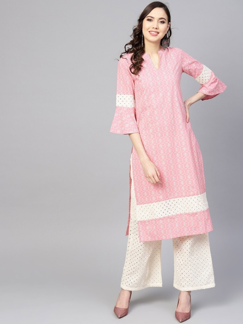 

Yuris Women Pink Ethnic Motifs Flared Sleeves Thread Work Kurta