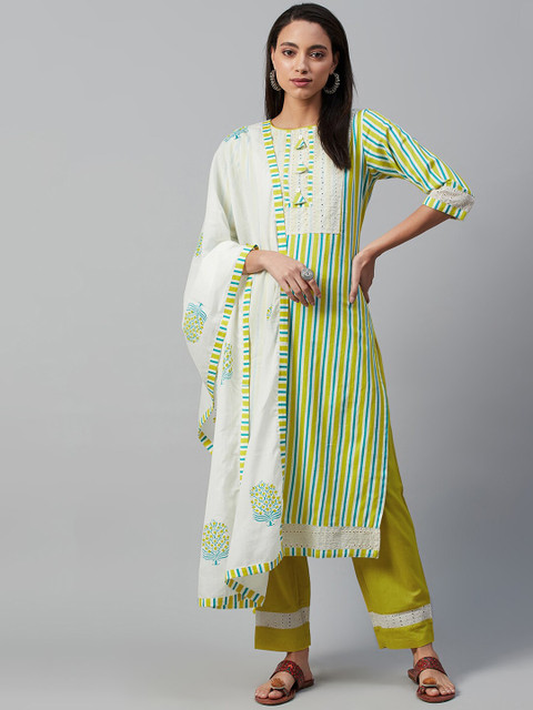 

Yuris Women Lime Green Ethnic Motifs Printed Panelled Pure Cotton Kurta with Trousers & With Dupatta