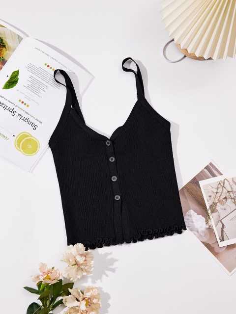 

URBANIC Black Ribbed Ruffled Top