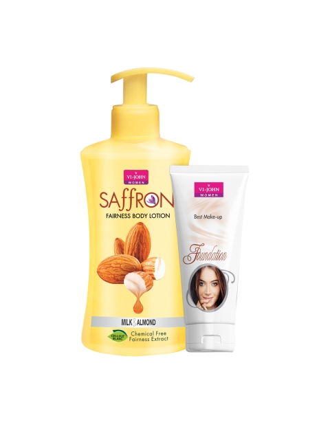 

VI-JOHN Pack Of 2 Chemical Free Saffron Milk & Almond Fairness Body Lotion & Foundation, Yellow