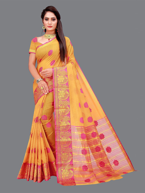 

SHAIBO SAREE Yellow & Pink Woven Design Zari Saree
