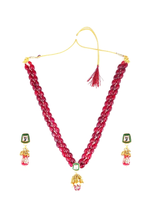 

CARDINAL Gold-Toned & Maroon Stone-Studded & Beaded Jewellery Set