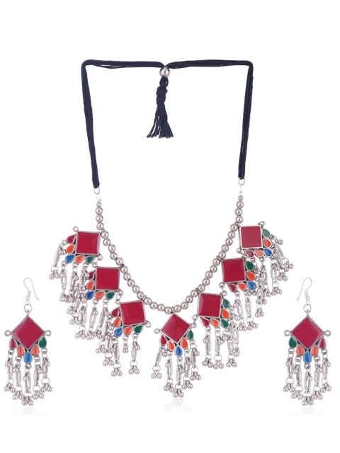 

CARDINAL Silver-Toned & Red Stone-Studded & Beaded Jewellery Set