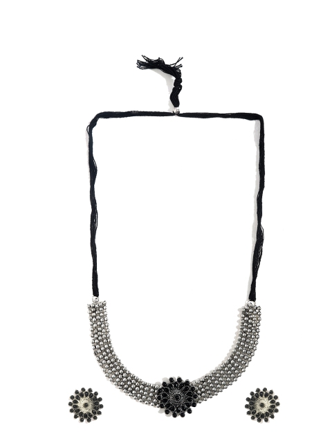 

CARDINAL Silver- Toned Black Stone Studded & Beaded Jewellery Set