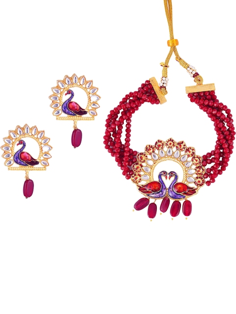 

CARDINAL Gold-Toned White & Red Stone-Studded & Beaded Jewellery Set