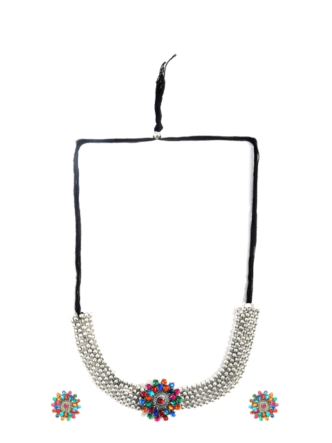 

CARDINAL Silver-Toned & Red Stone-Studded Jewellery Set