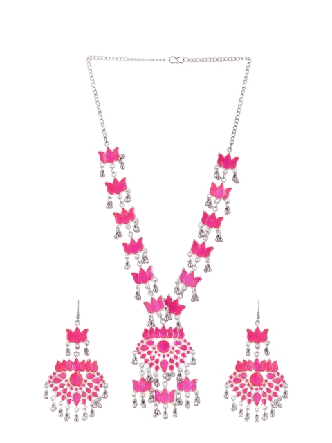 

CARDINAL Silver-Toned White & Pink Stone-Studded & Beaded Jewellery Set