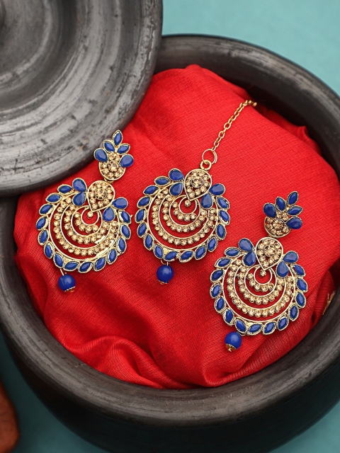 

CARDINAL Gold-Toned Blue Kundan Studded Jewellery Set