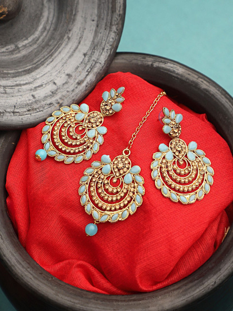 

CARDINAL Gold-Plated & Green Kundan-Studded Traditional Jewellery Set