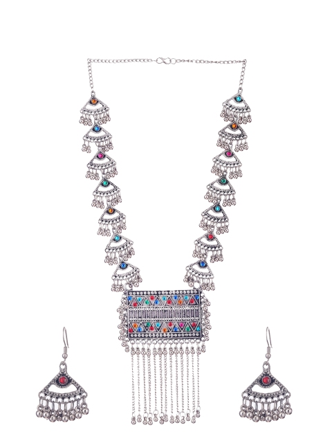 

CARDINAL Silver-Toned Oxidized Stone-Studded Jewellery Set