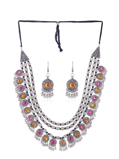 

CARDINAL Silver-Toned Yellow & Pink Stone-Studded & Beaded Jewellery Set