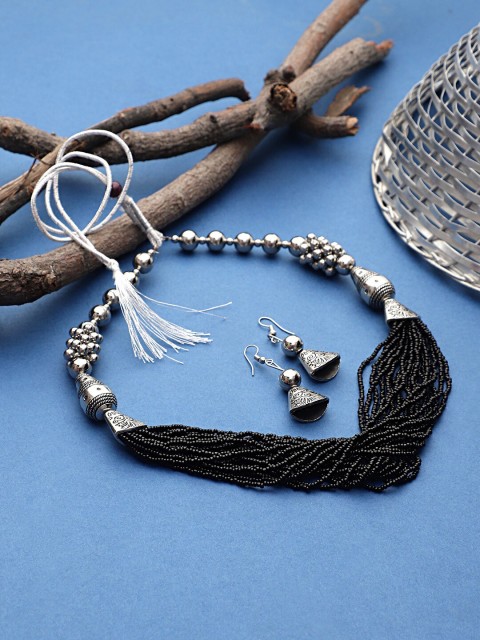 

CARDINAL Oxidised Silver-Toned & Black Beaded Jewellery Set