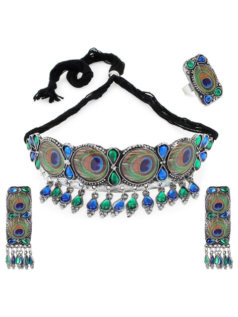 

CARDINAL Silver-Coloured Blue & Green Stone Studded Jewellery Set